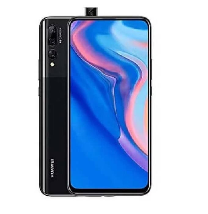 Huawei smartphone with pop up camera and blue abstract wallpaper