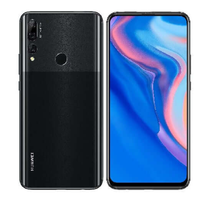 Front and back view of a black Huawei smartphone with a triple camera system and fingerprint sensor