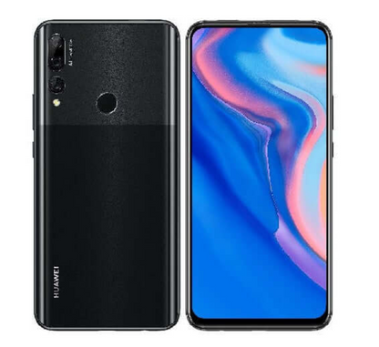 Front and back view of a black Huawei smartphone with a triple camera system and fingerprint sensor