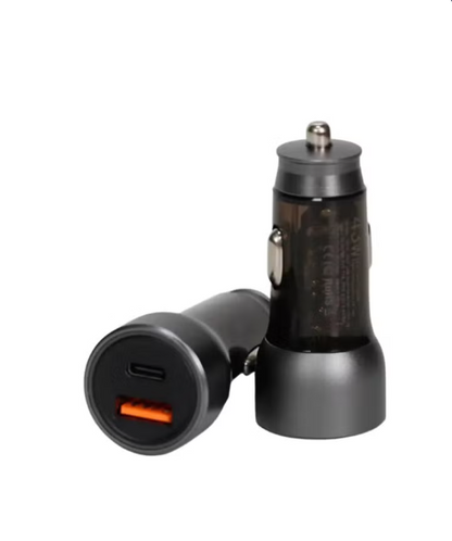 Two black car cigarette lighter chargers, one showing a USB-C port with an orange accent and the other showing the side profile with a silver metal plug, on a white background.