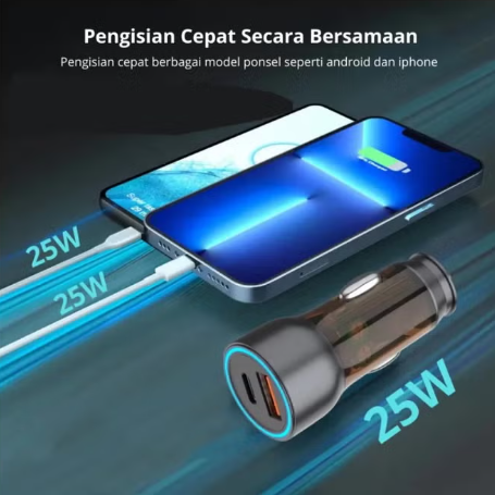 A 25W car cigarette lighter dual-port charger shown next to a smartphone on a dark blue graphic background with Indonesian text highlighting fast charging speeds.