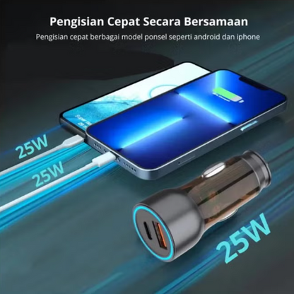 A 25W car cigarette lighter dual-port charger shown next to a smartphone on a dark blue graphic background with Indonesian text highlighting fast charging speeds.