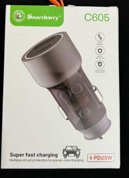 Smartbarry C605 car cigarette lighter charger in its original white retail packaging, featuring a green brand logo and product specifications.