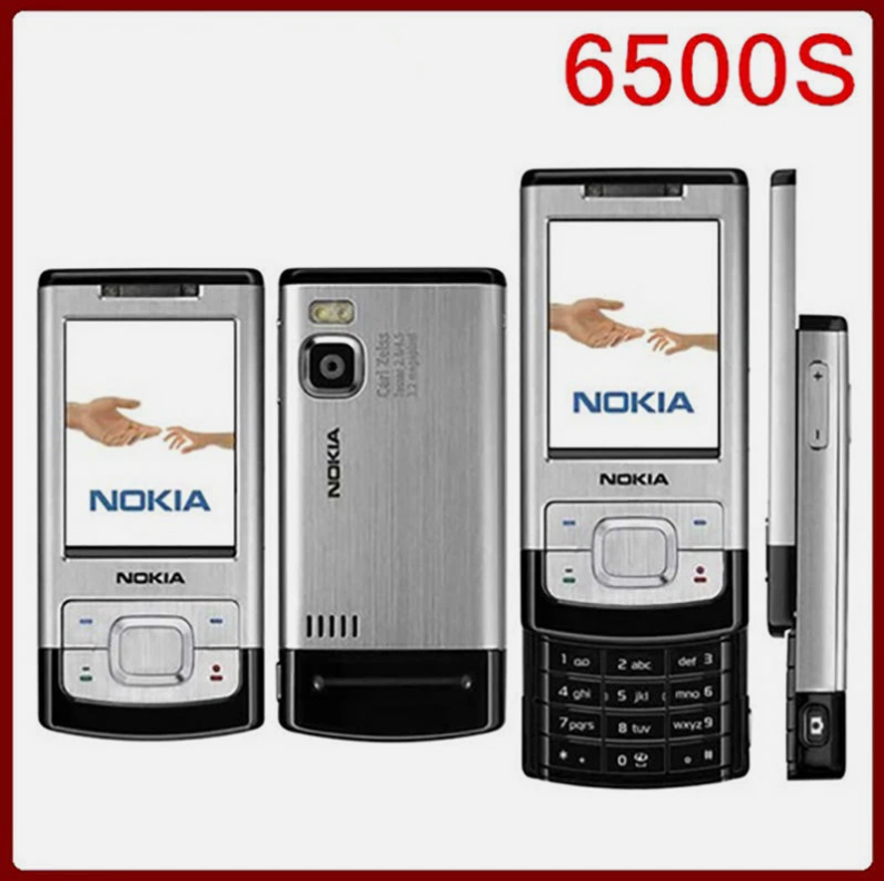 Nokia 6500S mobile phone shown from multiple angles on a white background with a red border. The image includes front, back, side, and stylus views, with the model number 6500S in red text at the top right.