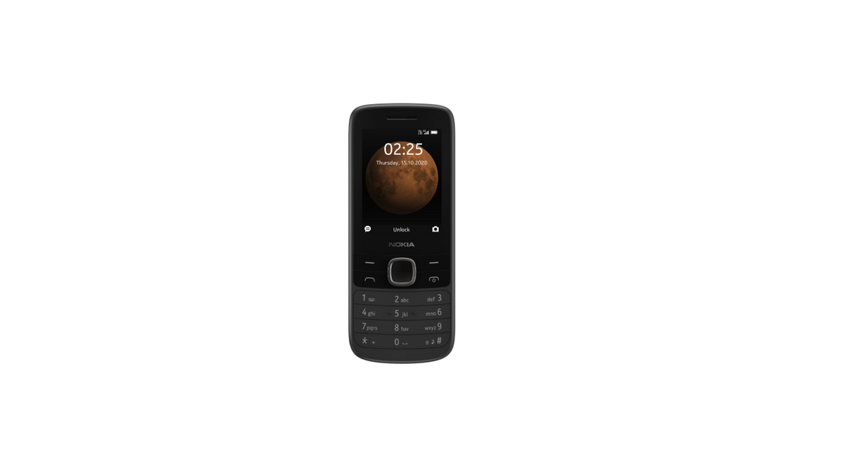 A classic Nokia mobile phone in black, shown vertically against a plain white background. The screen is illuminated, displaying the time as 02:25 and a space-themed wallpaper, with the Nokia brand name visible below the screen.