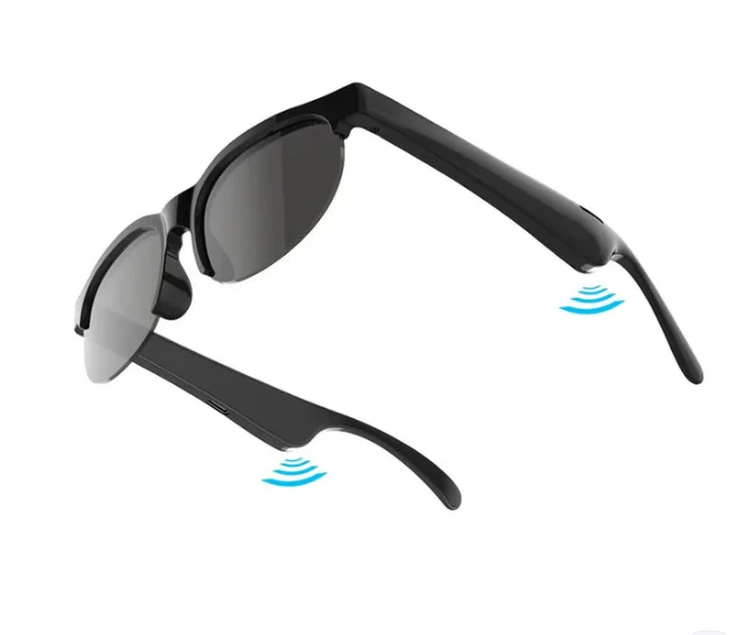 Black smart sunglasses with dark lenses, shown floating on a white background with blue wireless signal wave graphics near both temples.