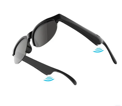 Black smart sunglasses with dark lenses, shown floating on a white background with blue wireless signal wave graphics near both temples.