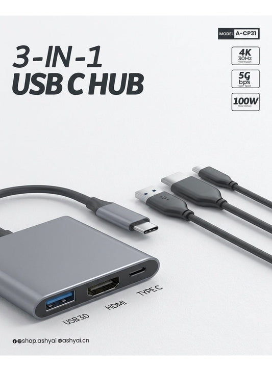 Ashyai 3-in-1 USB-C Multiport Hub Powerful Compact & Reliable Connectivity - Hubs