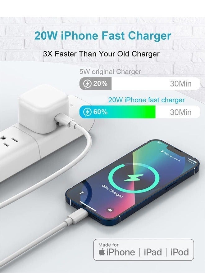 For iPhone 20W Fast Charger | USB C Wall Fast Charger with USB C to Lightning Cable Compatible with iPhone 14/14 Pro/14 Pro Max/13/12/SE2020/11/XR/XS Max/X/iPad