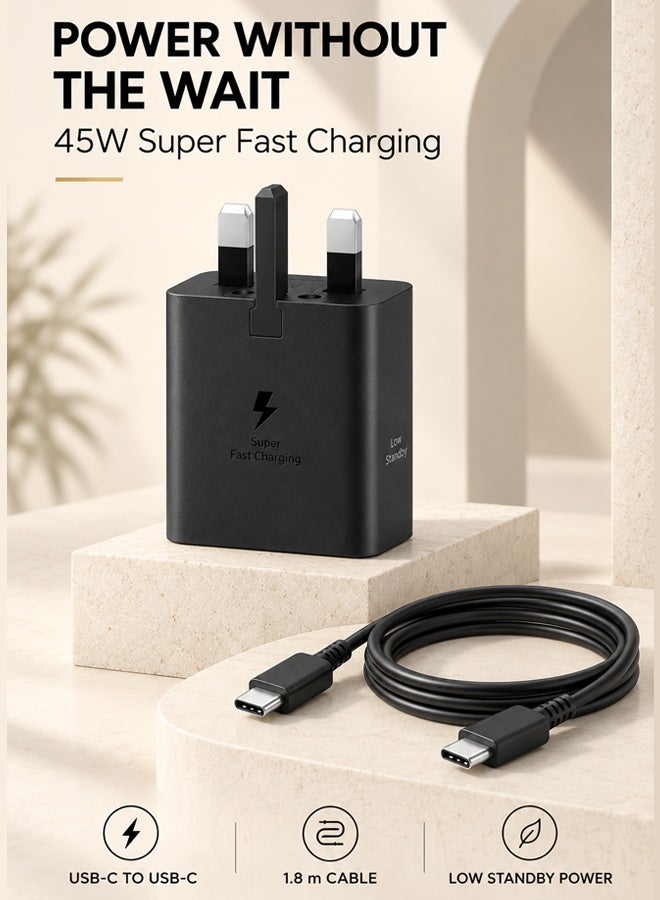 Samsung 45W Power Adapter with USB-C Cable 5A 1.8m Super Fast Charging for Compatible Devices Black