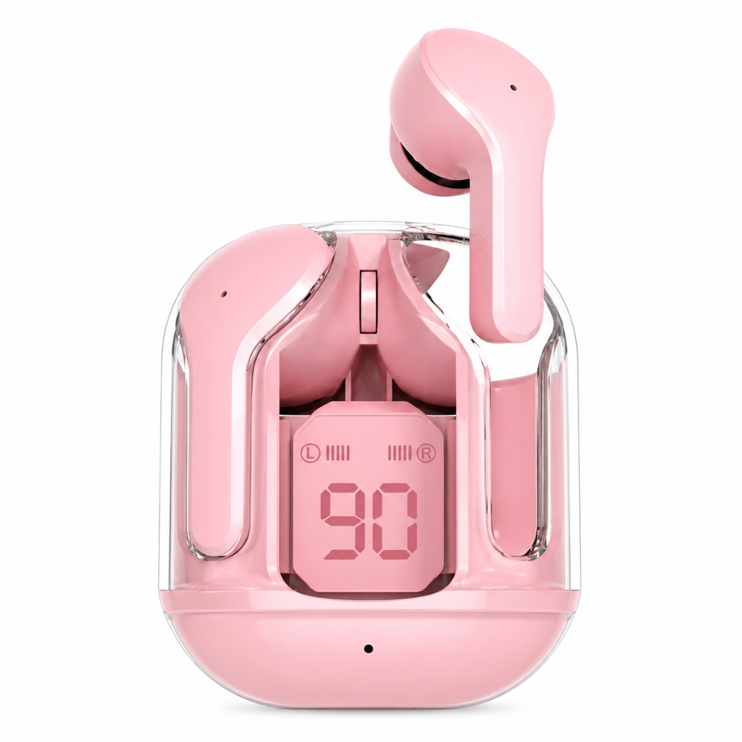 Pink wireless earbuds with a matching charging case, shown on a clean white background. One earbud is resting outside the case, and the other is inside.