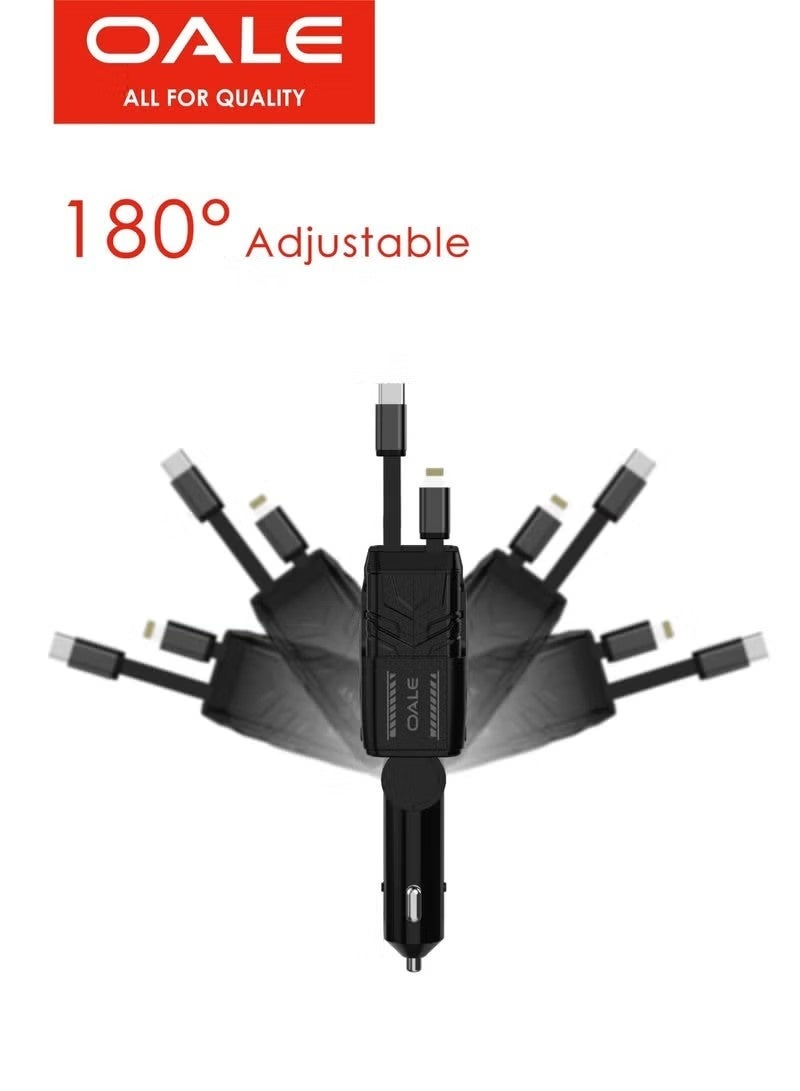 4-in-1 Car Charger, 180° Adjustable, Retractable Lightning & Type-C Cables, 30W Fast Charging, Multi-Device Compatible, 4 Outputs, Black