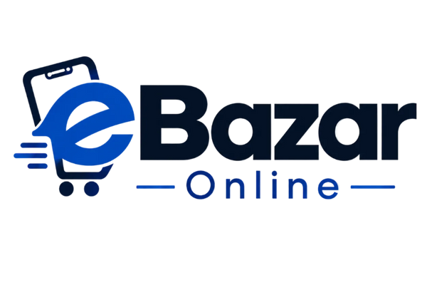 The logo for 'eBazar Online' featuring a dark blue shopping cart with a smartphone icon and a stylized lowercase 'e' on a white and gray checkered background.