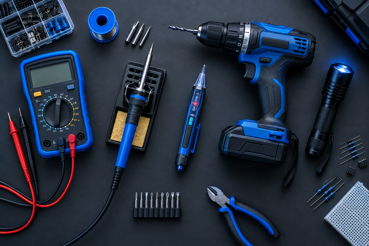 Electronics repair tools including a cordless drill, multimeter, soldering iron and pliers