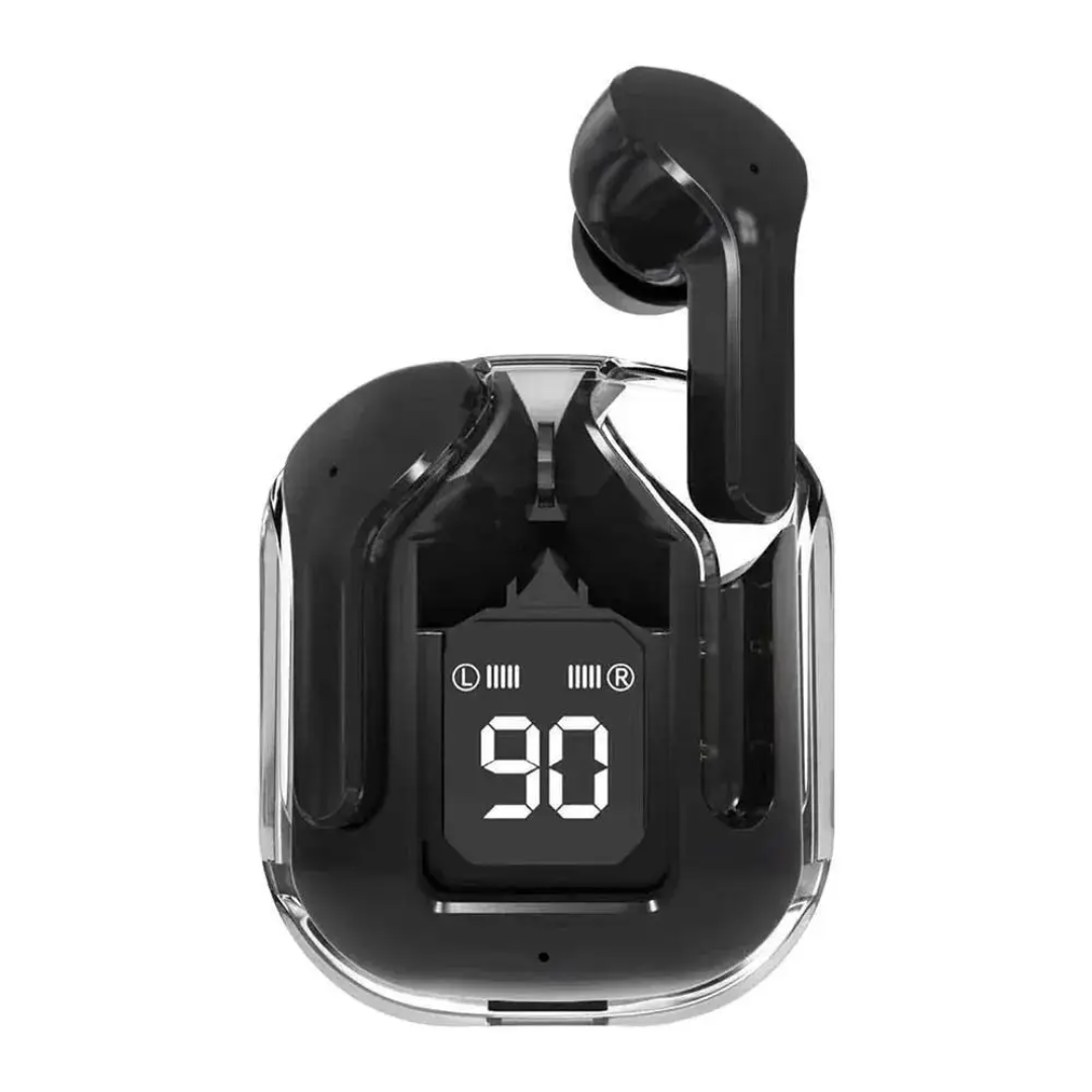 Black wireless earbuds with charging case on a white background