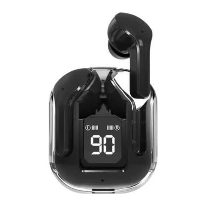 Black wireless earbuds with charging case on a white background