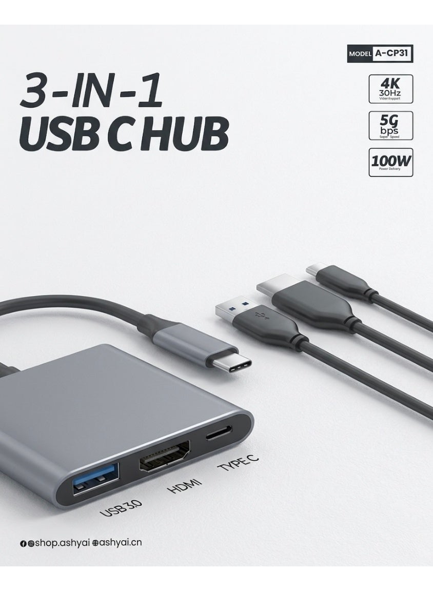 Ashyai 3-in-1 USB-C Multiport Hub – Powerful, Compact & Reliable Connectivity