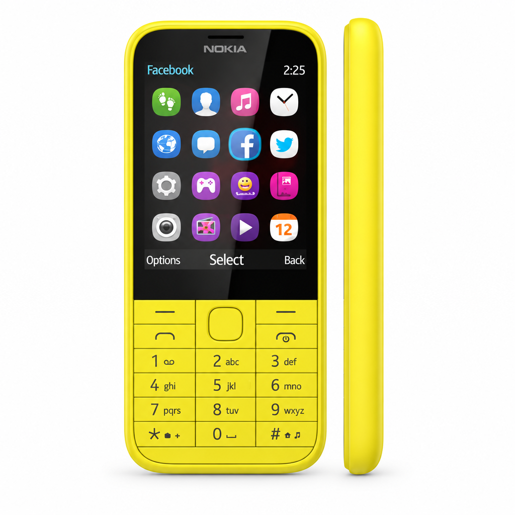 Nokia 225 keypad phone in yellow, front and side view