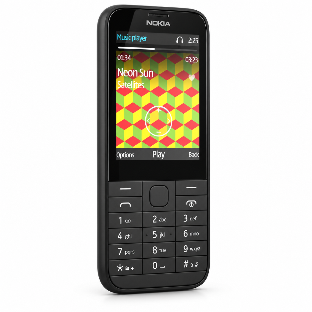 Nokia 225 refurbished keypad phone in black, angled view