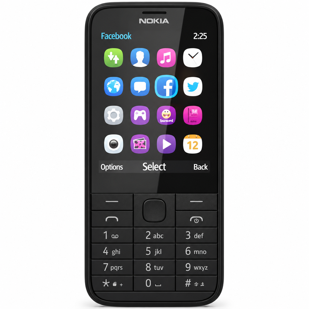 Nokia 225 black keypad phone front view with 2.8 inch screen