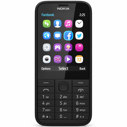 Nokia 225 black keypad phone front view with 2.8 inch screen