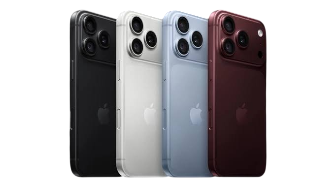 Four Apple iPhone back views shown side by side on a white background, in black, white, light blue, and dark burgundy.