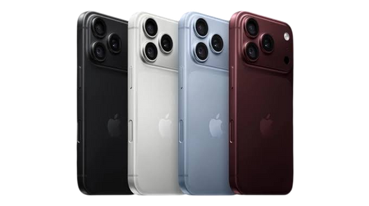 Four Apple iPhone back views shown side by side on a white background, in black, white, light blue, and dark burgundy.