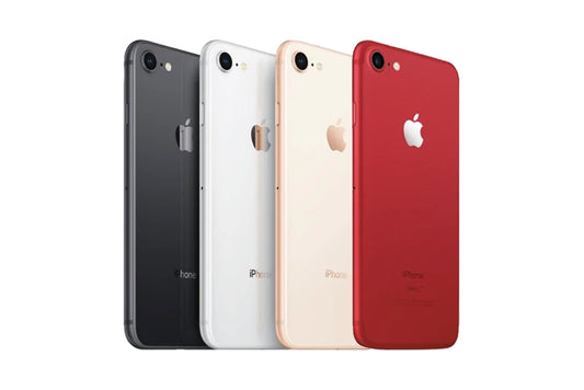 Four iPhone models in black, white, gold, and red on a white background