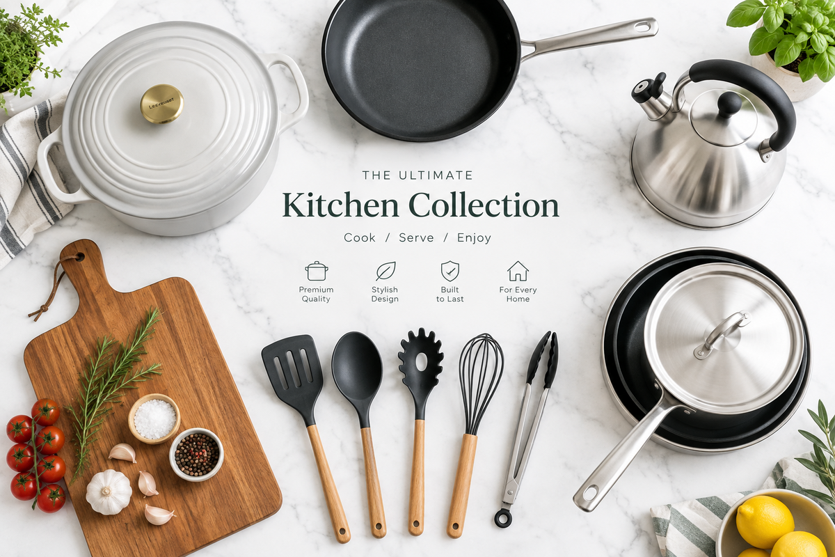 Kitchen cookware and utensils including pots, frying pans, kettle and chopping board