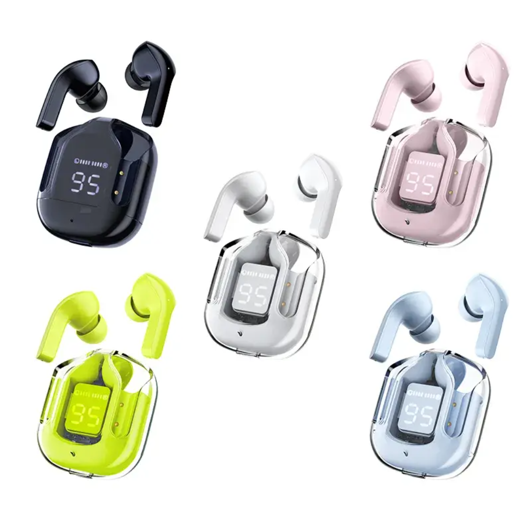 Set of wireless earbuds with charging cases in various colors on a white background
