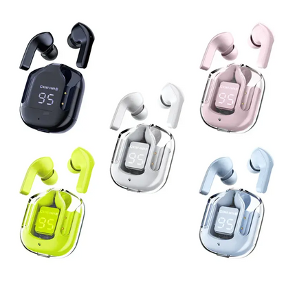 Set of wireless earbuds with charging cases in various colors on a white background