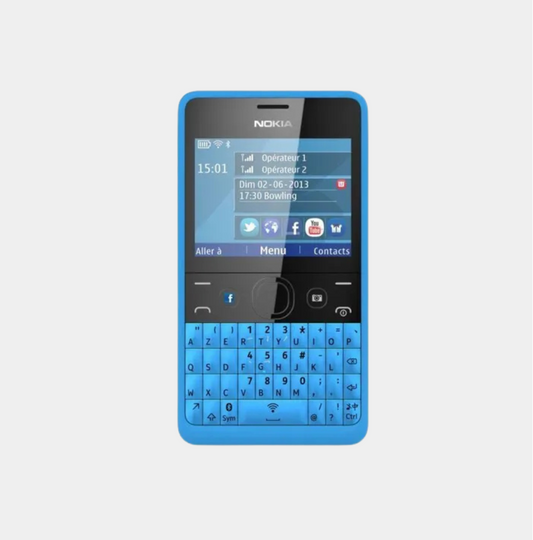 A blue Nokia feature phone with a full QWERTY keyboard and a small screen display, centered on a light gray background.