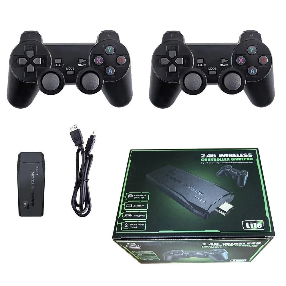 Two black wireless game controllers, a black wireless receiver dongle, a USB cable, and the product packaging box for an L16 2.4G wireless controller docking pad set, arranged on a plain white background.