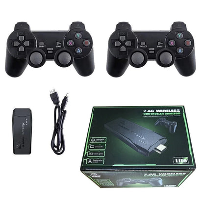 Two black wireless game controllers, a black wireless receiver dongle, a USB cable, and the product packaging box for an L16 2.4G wireless controller docking pad set, arranged on a plain white background.