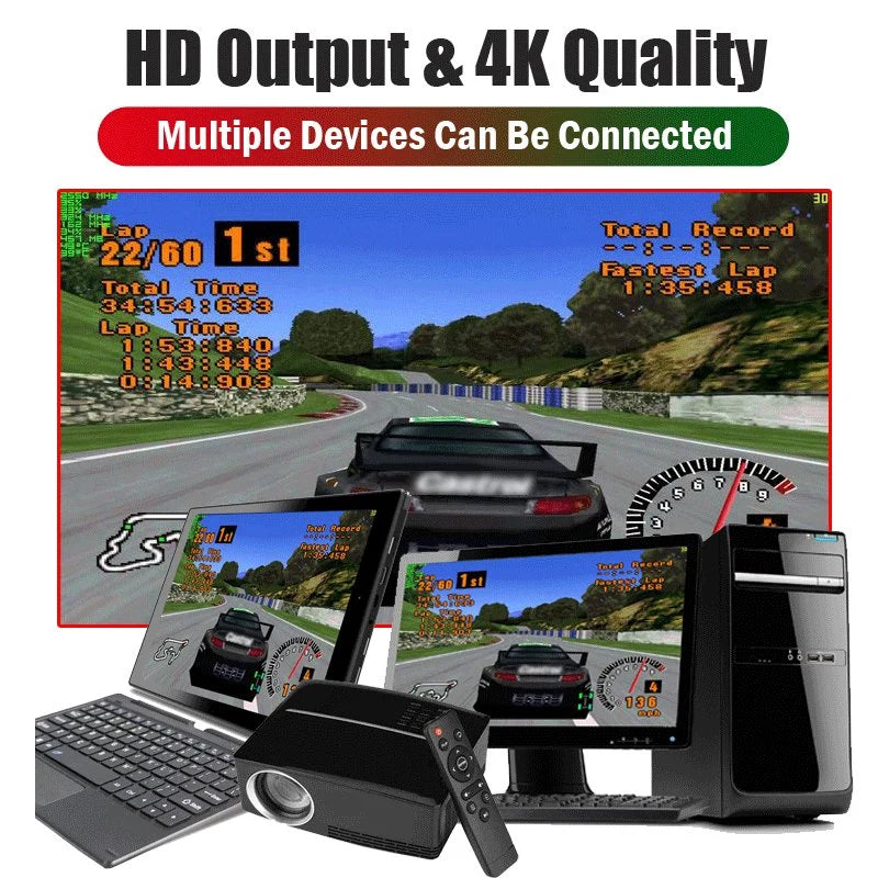 Gaming setup with multiple devices displaying a racing game on HD output.