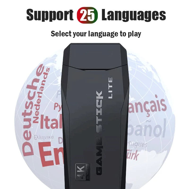 Black gaming console with 'Support 25 Languages' text and a globe in the background.