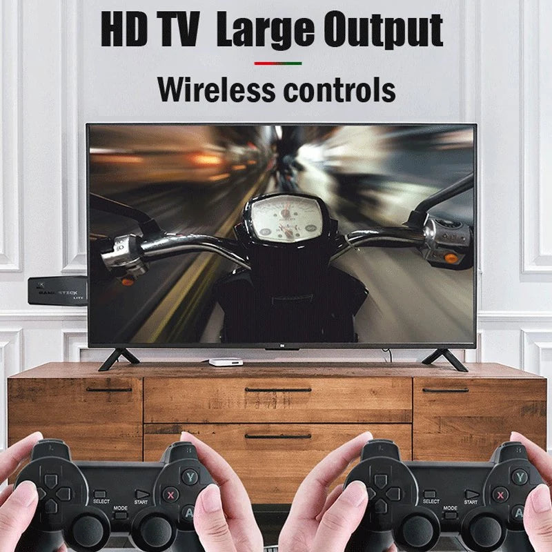 TV displaying a motorcycle dashboard with hands holding gaming controllers in front.