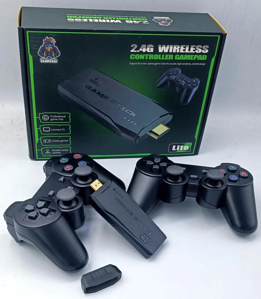 Black wireless game controllers with a green and black box labeled '2.4G Wireless Controller Gamepad' on a white background.