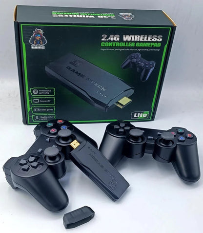 Black wireless game controllers with a green and black box labeled '2.4G Wireless Controller Gamepad' on a white background.