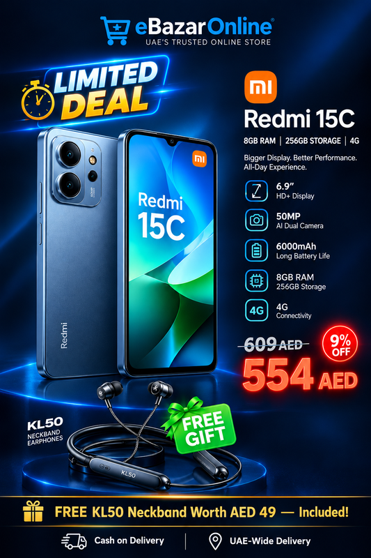 Xiaomi Redmi 15C 8GB/256GB 4G Dual SIM - Black + Free KL50 Neckband Gift - Neck Band / Midnight - Smartphones